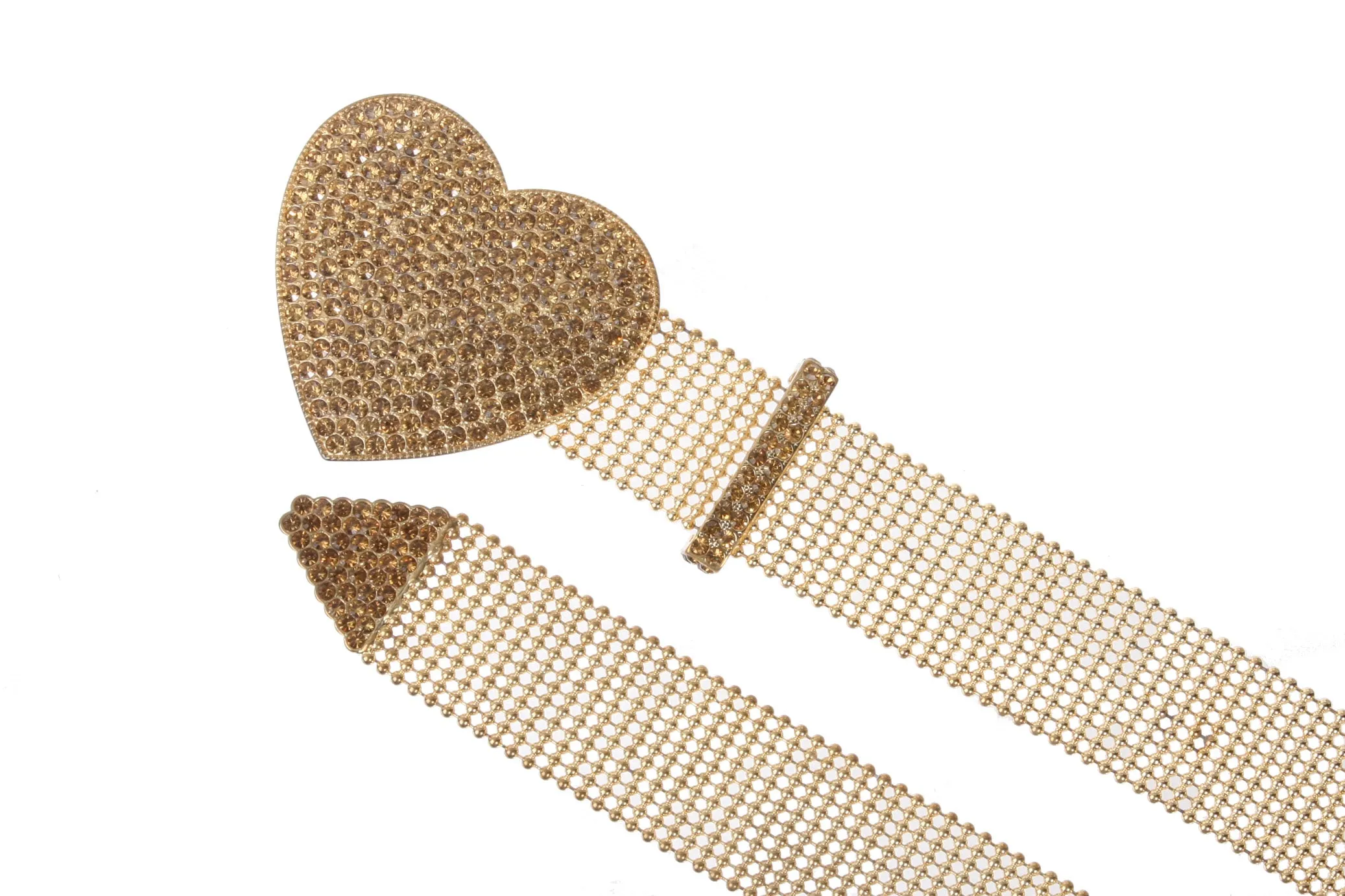 1 1/2" Rhinestone Encrusted Heart Mesh Metal Ball Chain Belt