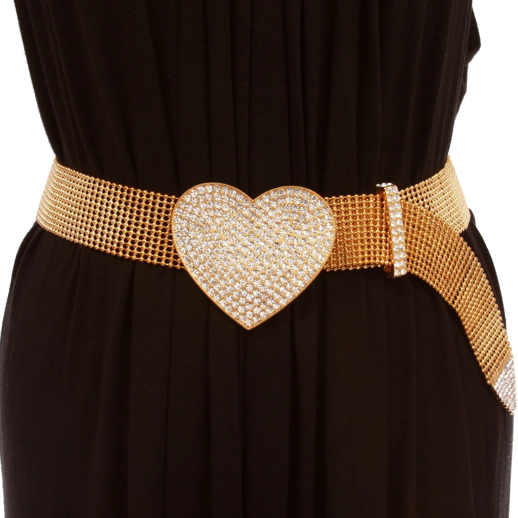 1 1/2" Rhinestone Encrusted Heart Mesh Metal Ball Chain Belt