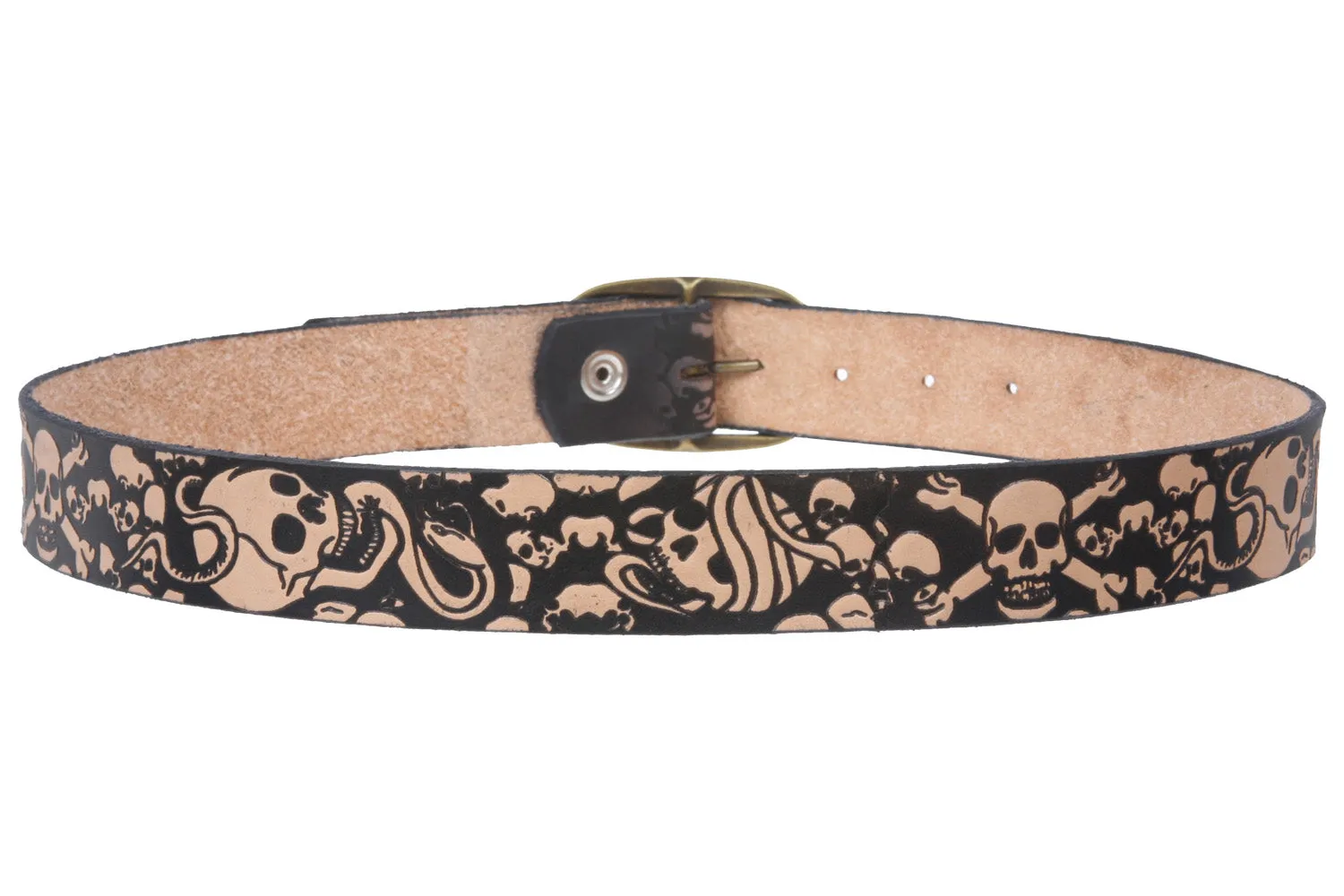 1 1/2" Snap on Scene Skull Embossed Stiff Leather Belt