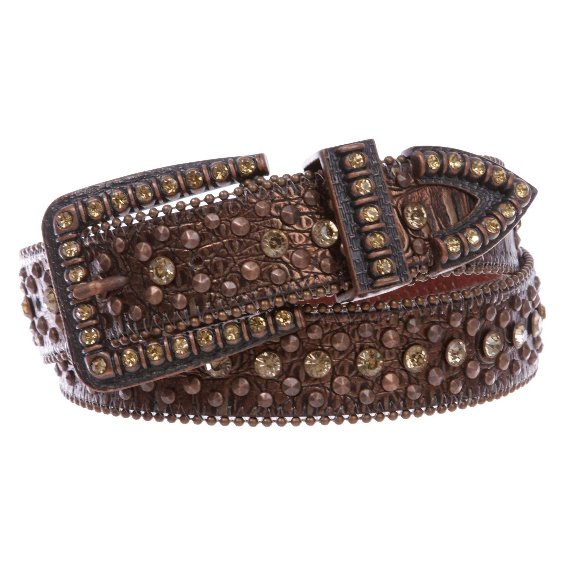 1 1/2" Snap On Western Cowgirl Brown Faux Alligator Rhinestone Studded Leather Belt