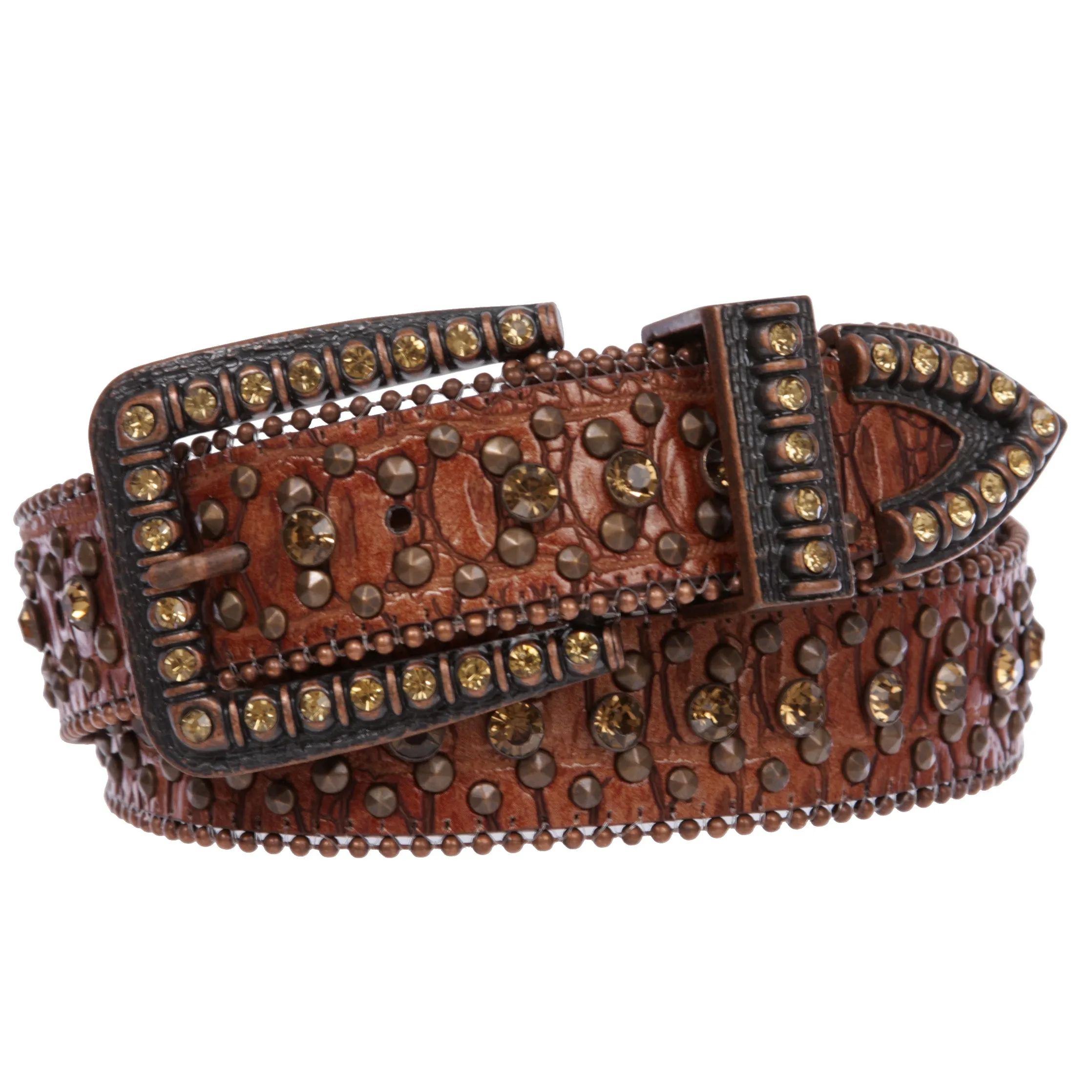 1 1/2" Snap On Western Cowgirl Brown Faux Alligator Rhinestone Studded Leather Belt