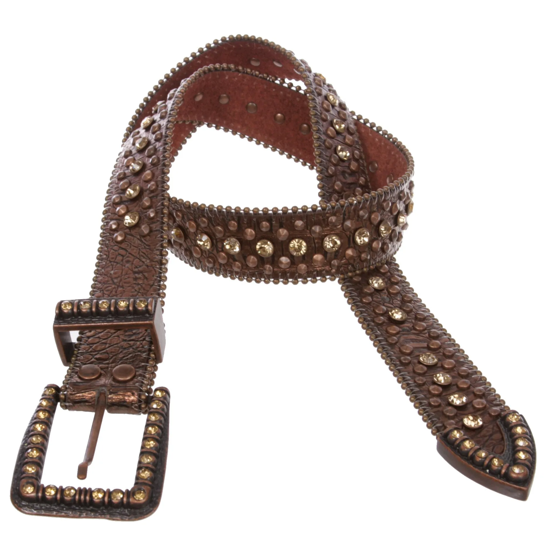 1 1/2" Snap On Western Cowgirl Brown Faux Alligator Rhinestone Studded Leather Belt