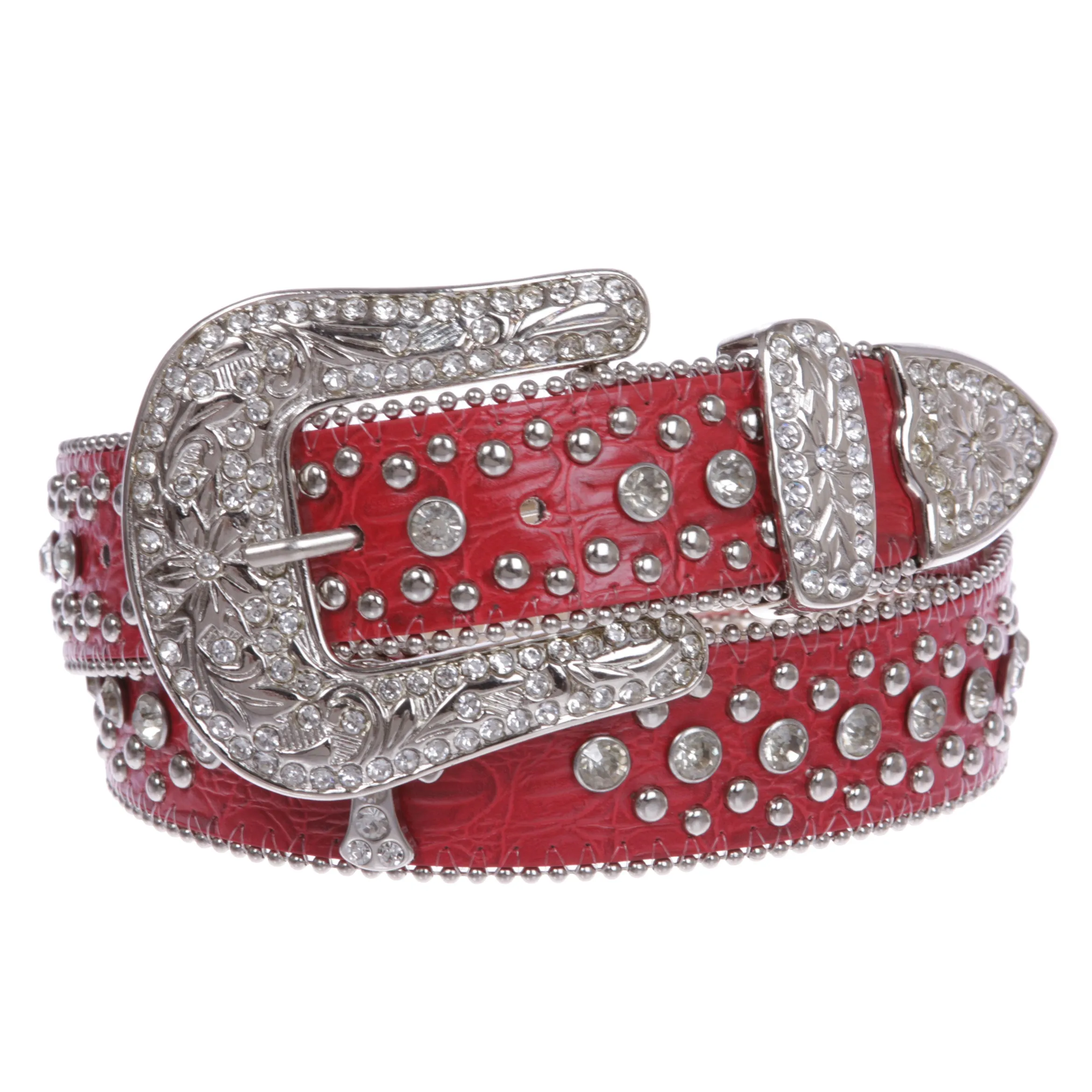 1 1/2" Snap On Western Rhinestone Cross Studded Faux Alligator Leather Belt