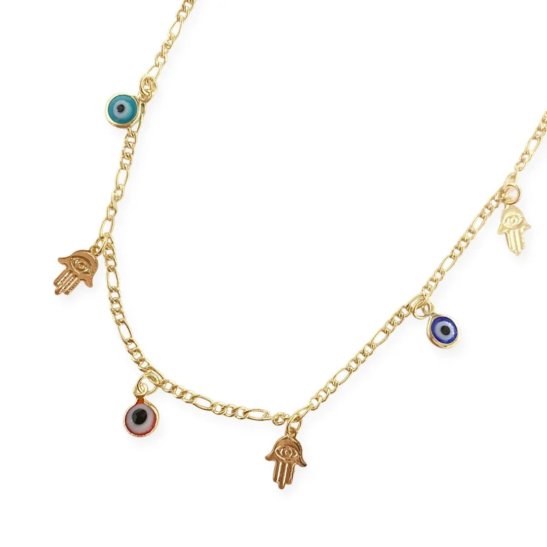 18K Gold Filled Hamsa Evil Eye Charm Chain Anklet