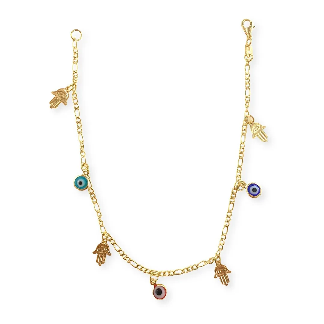 18K Gold Filled Hamsa Evil Eye Charm Chain Anklet