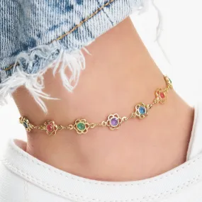 18K Gold Plated Multicolor Crystal Flower Anklet