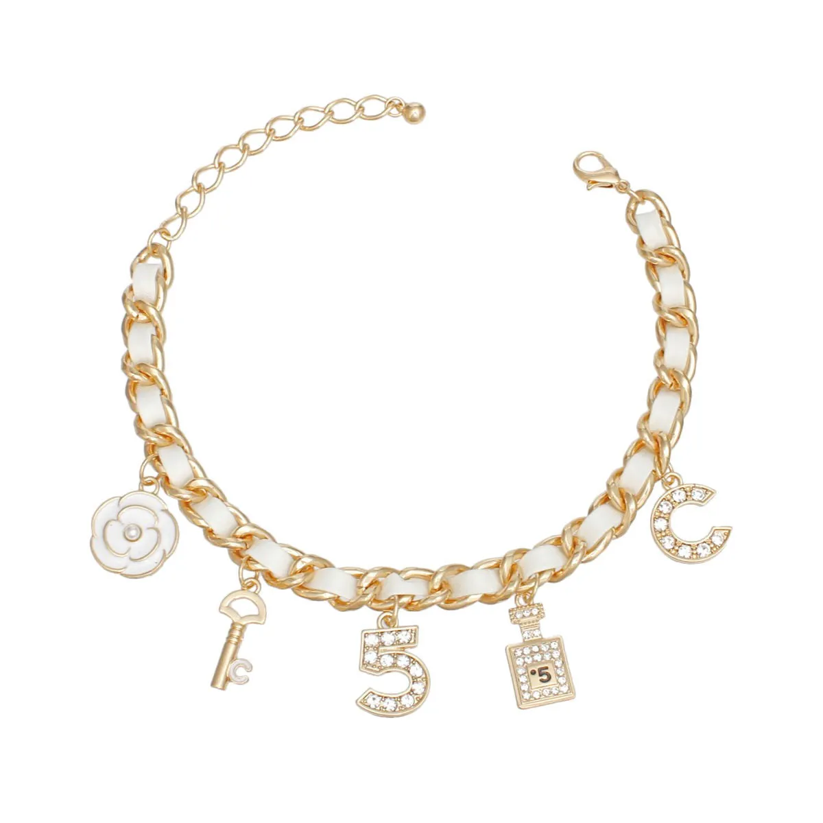 Anklet White Woven Gold Chain Camellia Charms