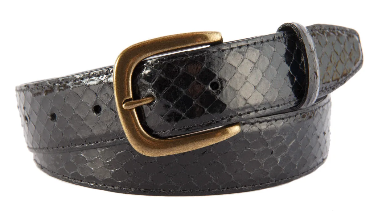 Black Snakeskin Belt, Hudson Buckle (Antique Brass)