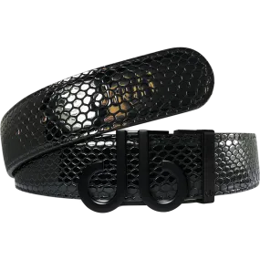 Black Snakeskin Texture Leather Belt with Matte DB Icon Buckle