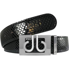 Black Snakeskin Textured Leather Belt with Classic Silver Thru Buckle