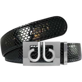 Black Snakeskin Textured Leather Belt with Silver thru Buckle