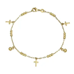 Christian Beads Bells Charm Cross Anklet Ankle Bracelet 18K Gold Plated 10 Inch