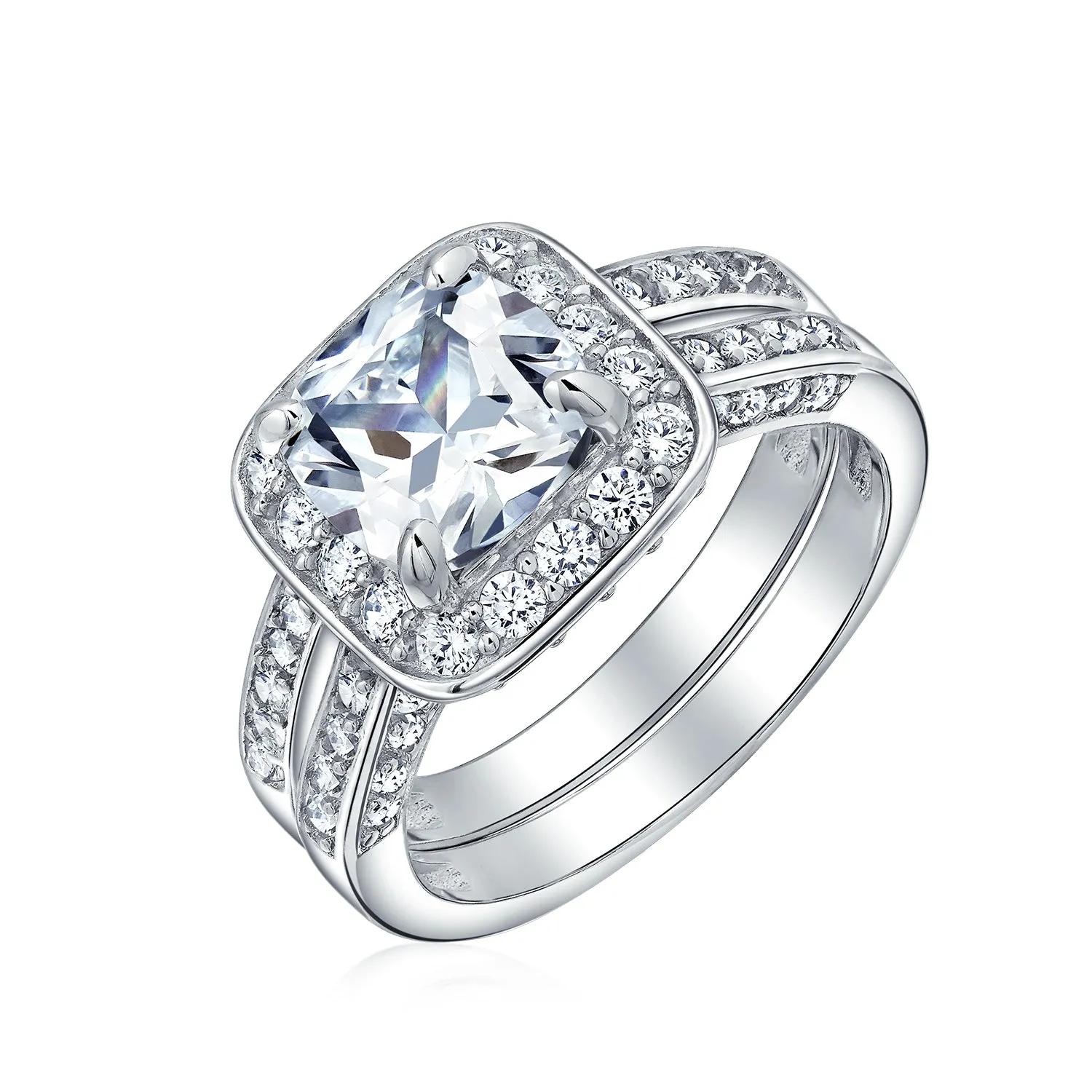 Classic 2CT Cushion Cut Cocktail Statement Ring with CZ Pave Side Stones Sterling Silver