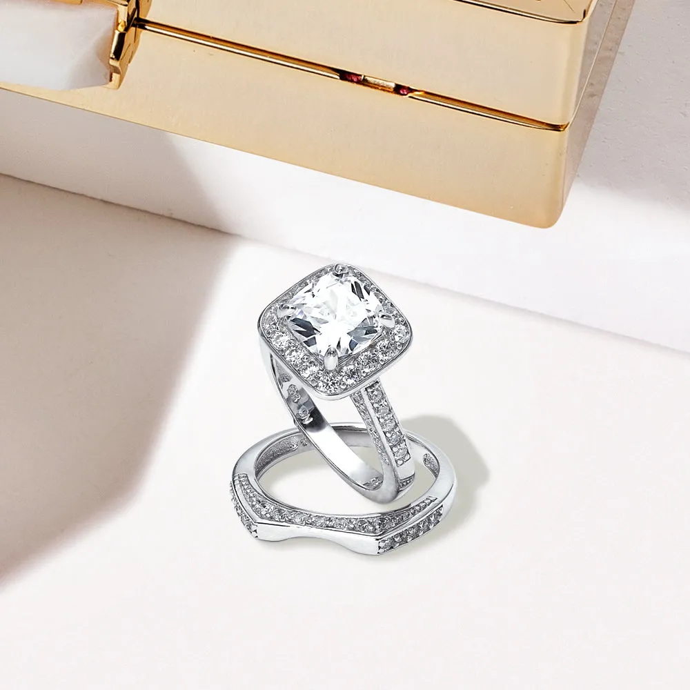 Classic 2CT Cushion Cut Cocktail Statement Ring with CZ Pave Side Stones Sterling Silver