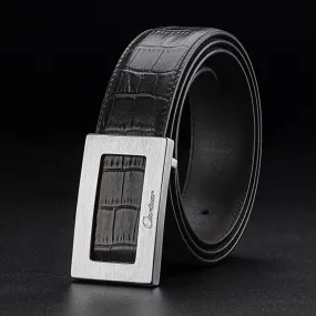 Classic Rectangular Silver Buckled Leather Belt