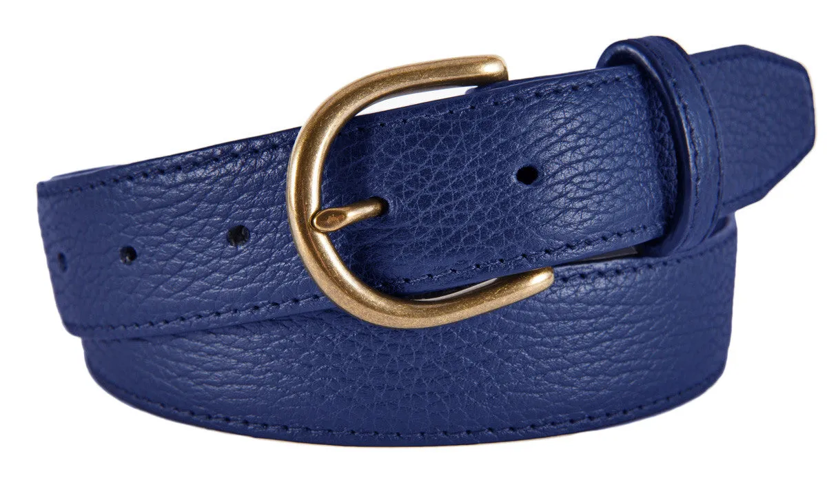 Cobalt Blue Pebbled Leather Belt, Soho Buckle (Antique Brass)