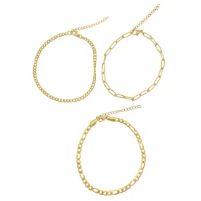 Curb Chain, Paper Clip Chain, and Figaro Chain Anklet Set gold