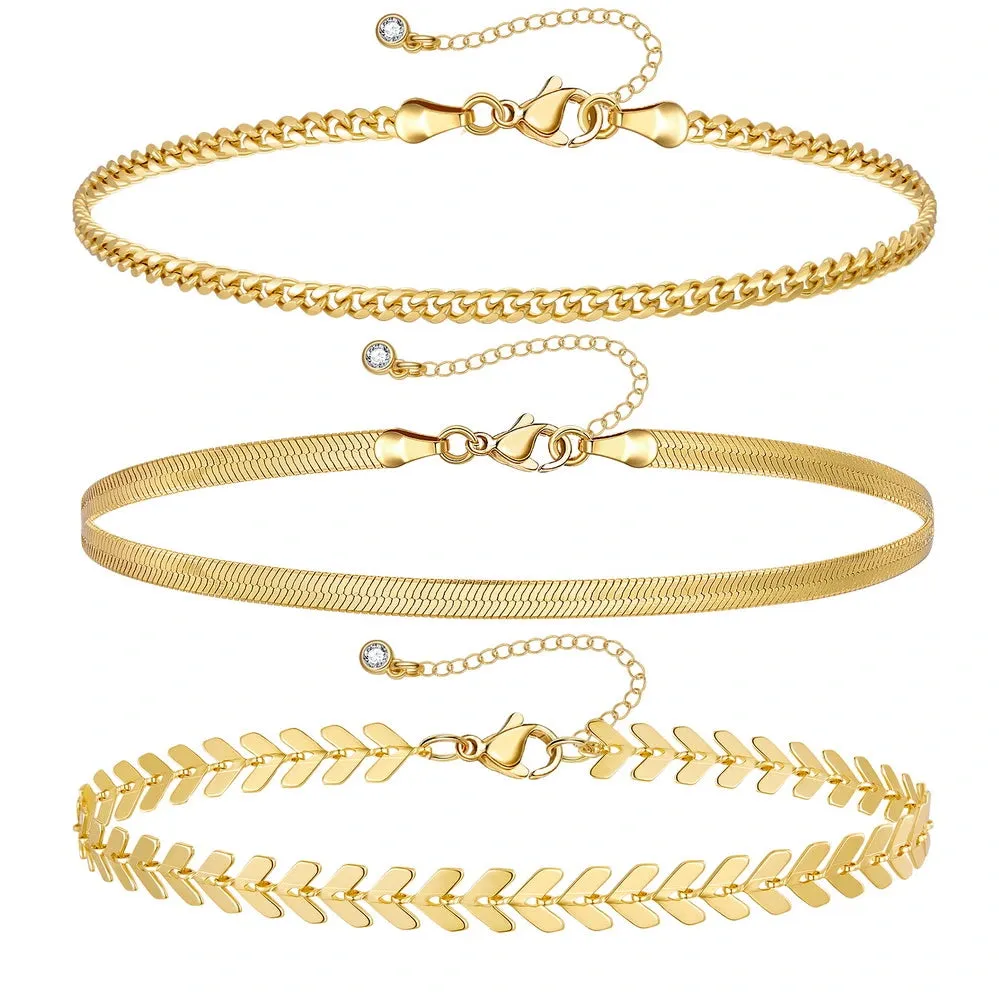 Dainty 14k Gold Plated Layering Anklets Bracelets Set-Fishbone & 3mm Cuban & Snake