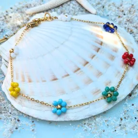 DAISIES IN A ROW  - 18K GOLD RAINBOW WATERPROOF ANKLET