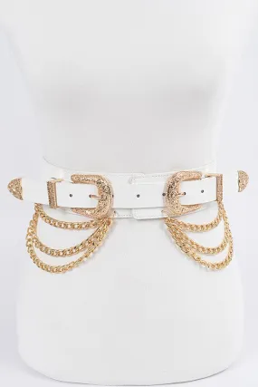 Double Buckle White & Gold Chain Stretch Belt