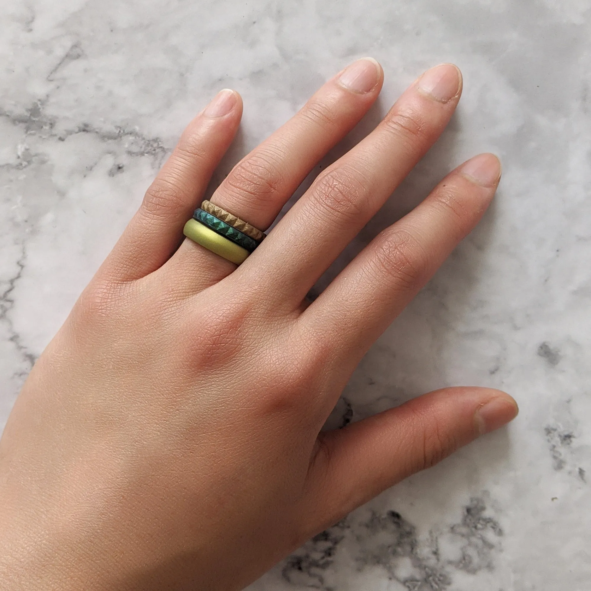 Enchanted Green Pyramid Stackable Slim Thin Silicone Ring for Women