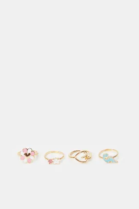 Girls Gold Embellished Ring Set (4 Piece)