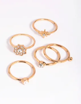 Gold Pearl & Diamante Ring 6-Pack