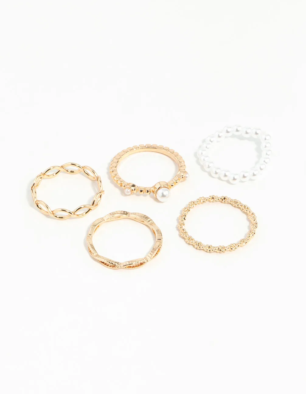 Gold Pearl & Twist Ring 5-Pack