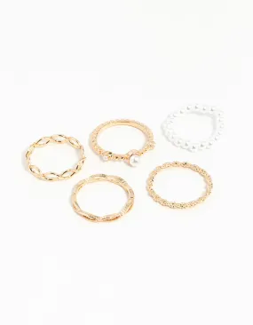 Gold Pearl & Twist Ring 5-Pack