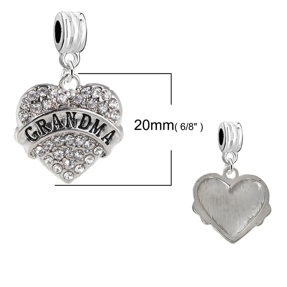 Grandma Heart Charm Rhinestones Dangling Spacer European Charm Bracelet and Necklace Compatible