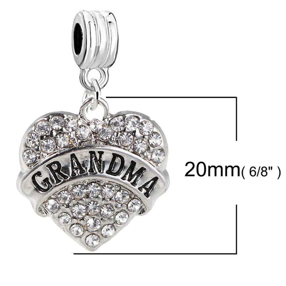 Grandma Heart Charm Rhinestones Dangling Spacer European Charm Bracelet and Necklace Compatible