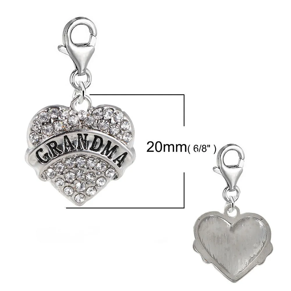 Grandma Heart Charm W/Clear Rhinestones Dangling Clip On lobster claw charm for bracelets or Necklace