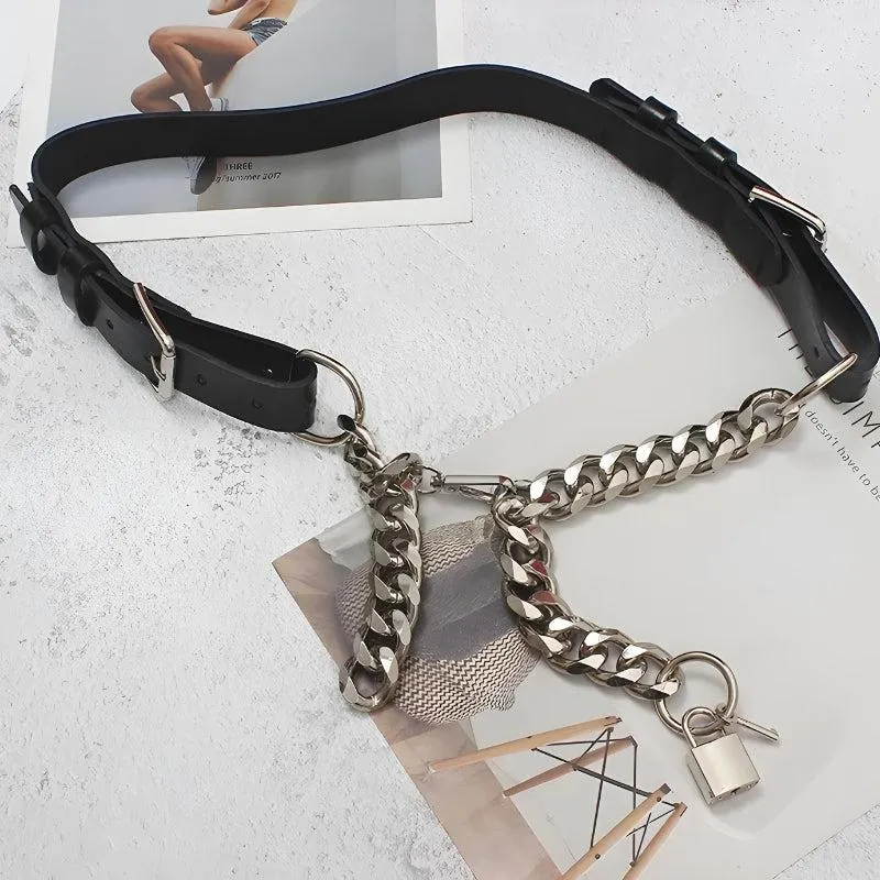 Grunge Lock Faux Leather Chain Belt