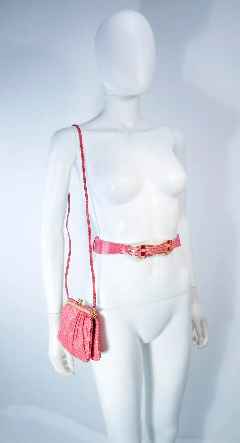 JUDITH LEIBER Pink Snakeskin Belt with Gold Hardware Adjustable