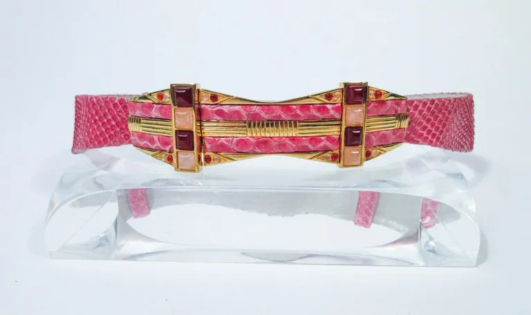 JUDITH LEIBER Pink Snakeskin Belt with Gold Hardware Adjustable