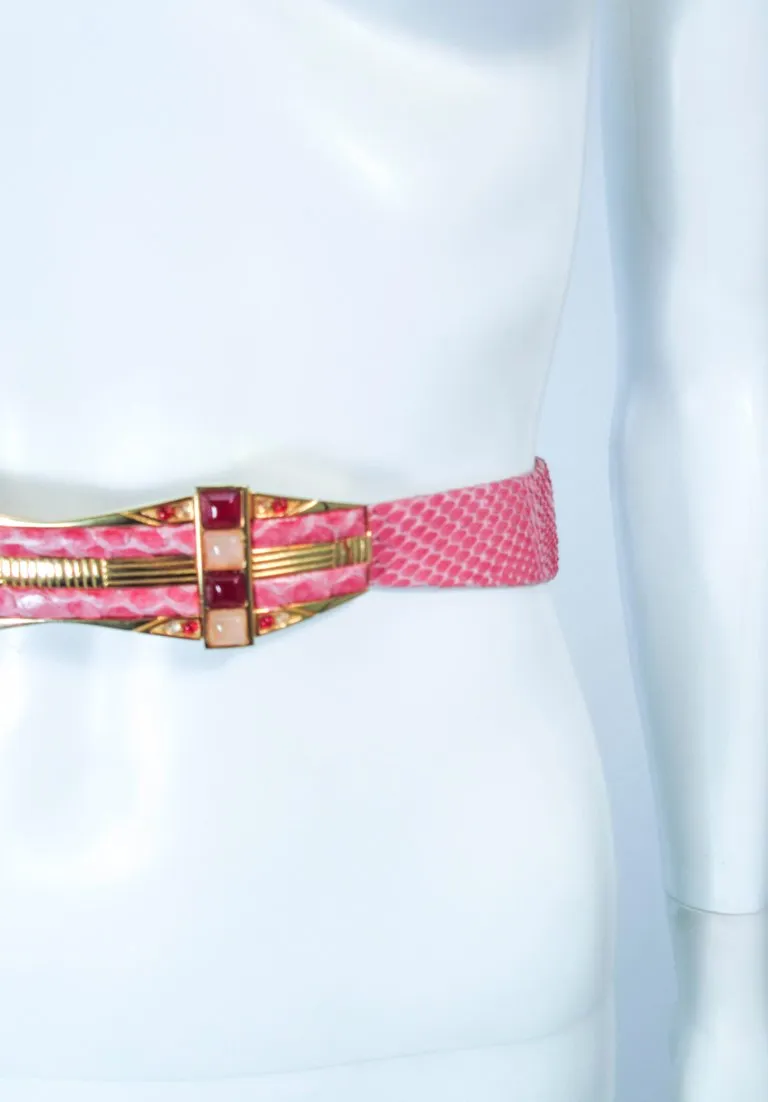 JUDITH LEIBER Pink Snakeskin Belt with Gold Hardware Adjustable