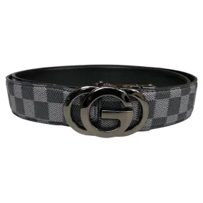 Men's Grey/Black Plaid Printed Belt Luxury Design Genuine Leather Black Buckle