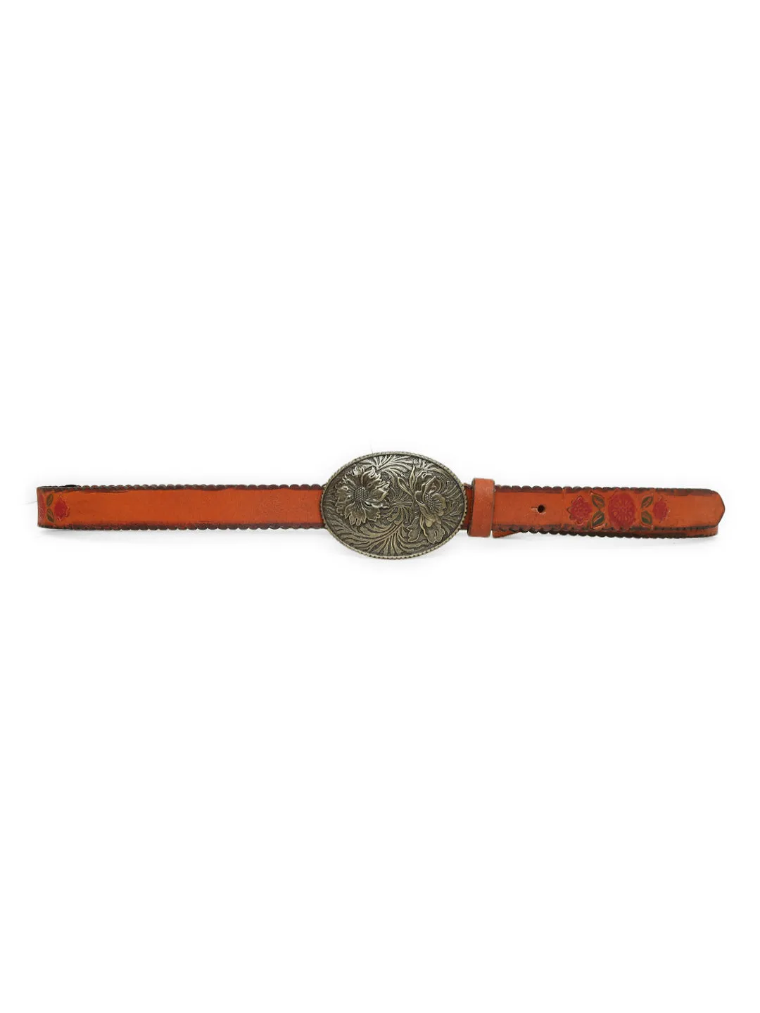 Mesmerizing Tan Flower Printed Hand-tooled Design Belt