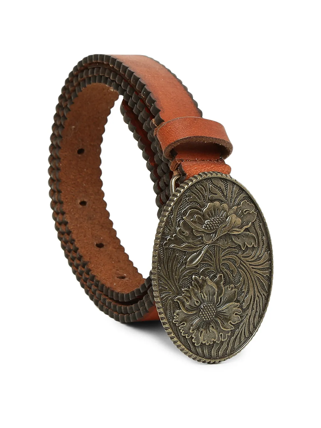 Mesmerizing Tan Flower Printed Hand-tooled Design Belt