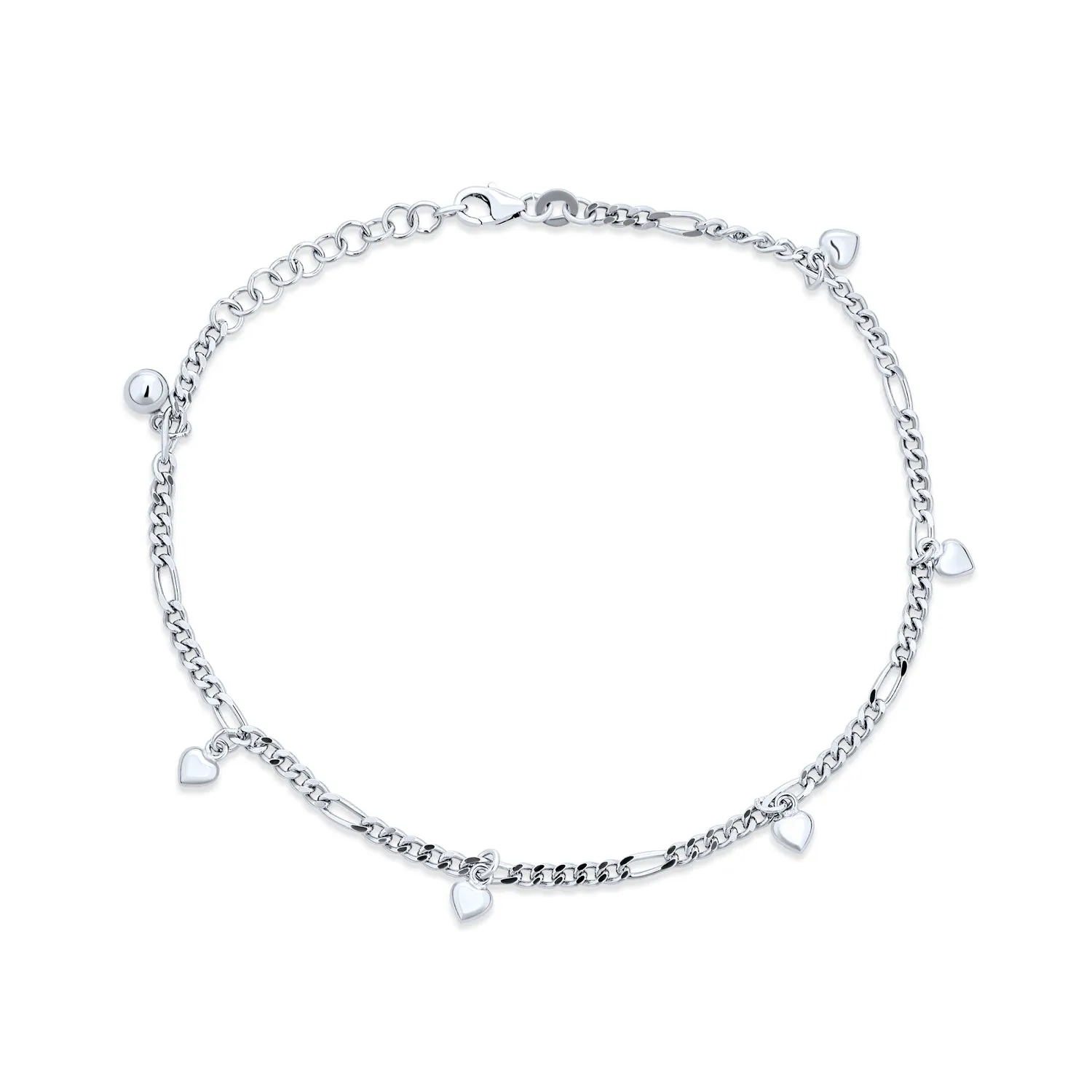 Multi Heart Charms Anklet Ankle Bracelet Sterling Silver Figaro Chain