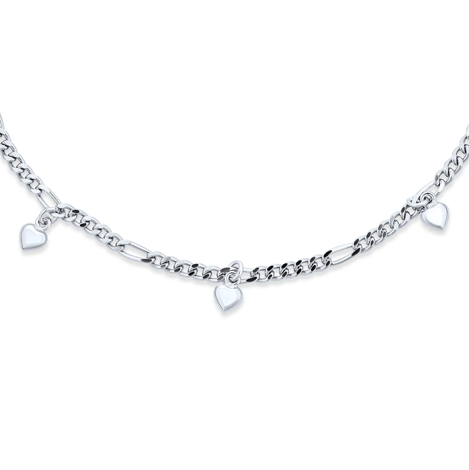 Multi Heart Charms Anklet Ankle Bracelet Sterling Silver Figaro Chain