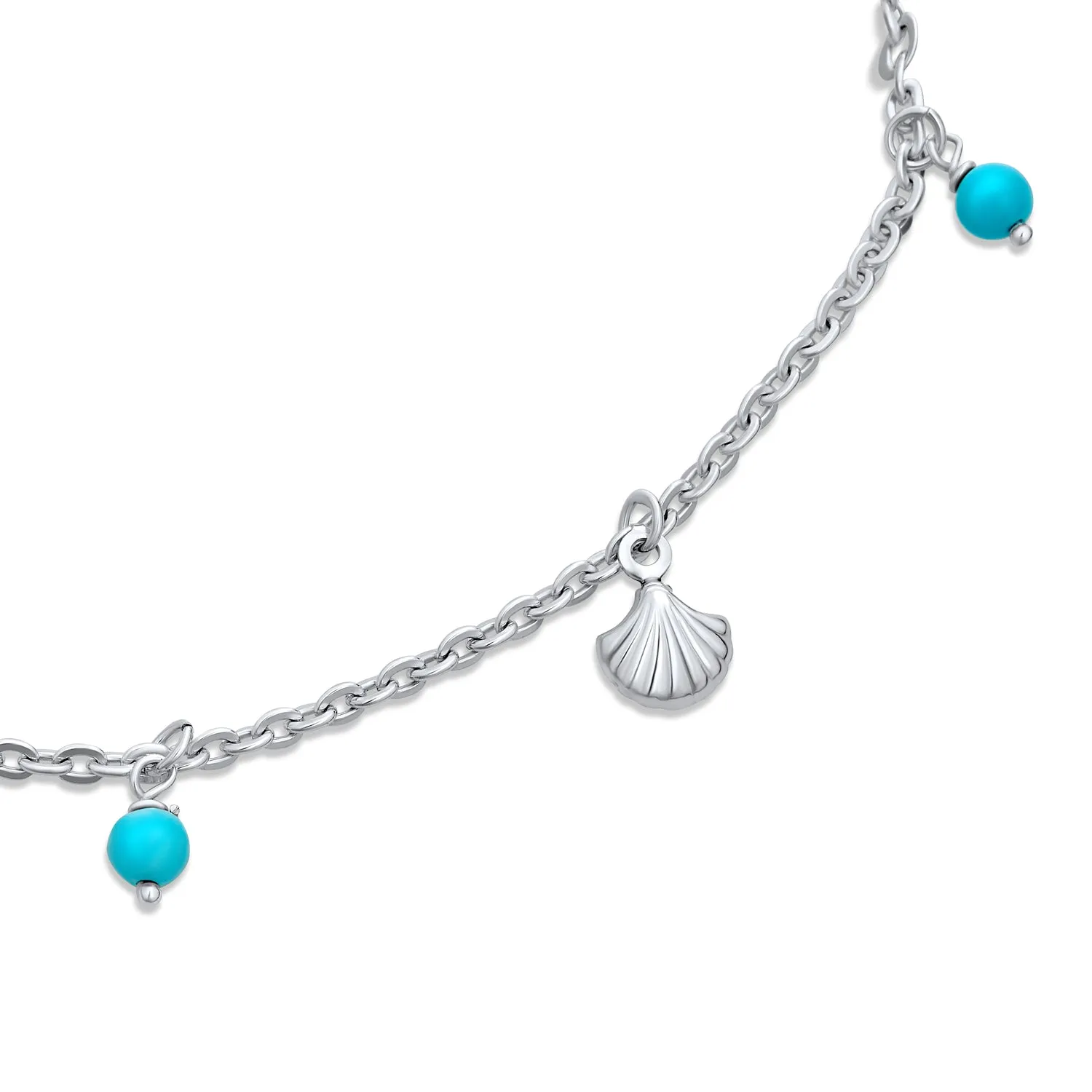 Nautical Charm Anklet Ankle Bracelet with Turquoise Clam Seashell Sterling Silver