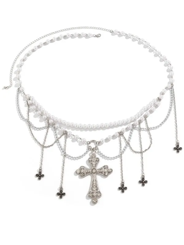 Pearl tassel cross metal waist chain