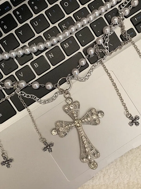 Pearl tassel cross metal waist chain