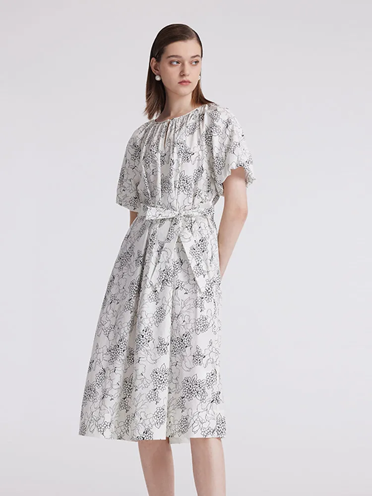 Puff Sleeves Iris Printed Women Midi Dress With Belts