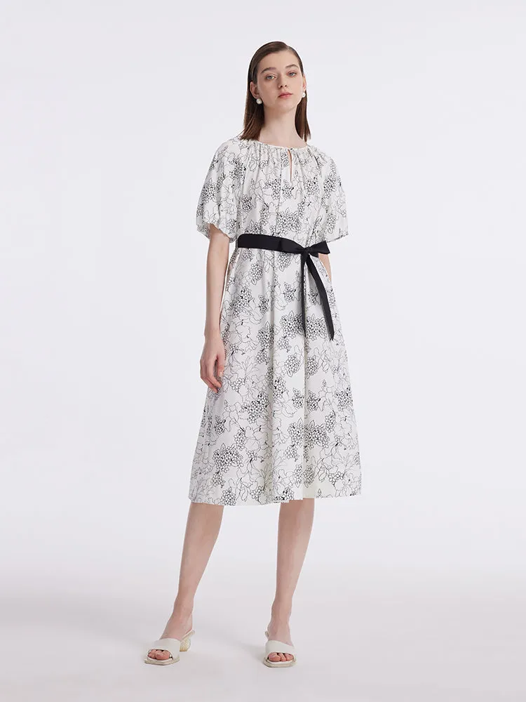 Puff Sleeves Iris Printed Women Midi Dress With Belts