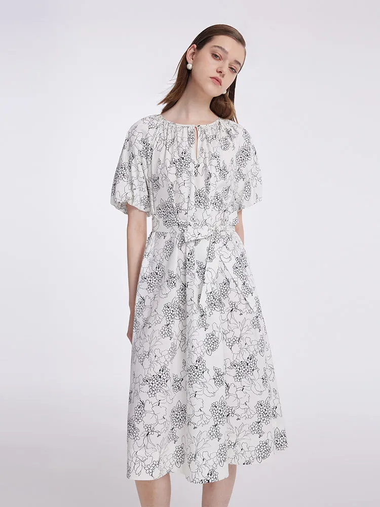 Puff Sleeves Iris Printed Women Midi Dress With Belts