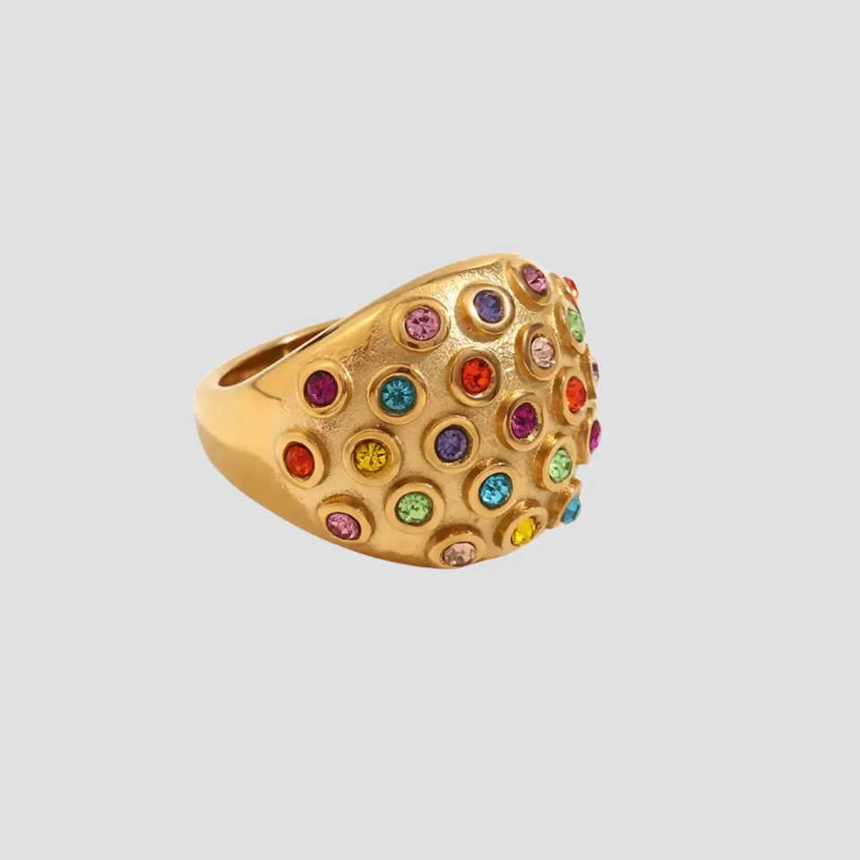 Rainbow Gemstone Dome 18k Gold Ring