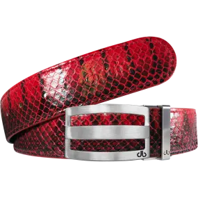 Red Real Snakeskin Leather Belt with Classic Silver Stripe Buckle