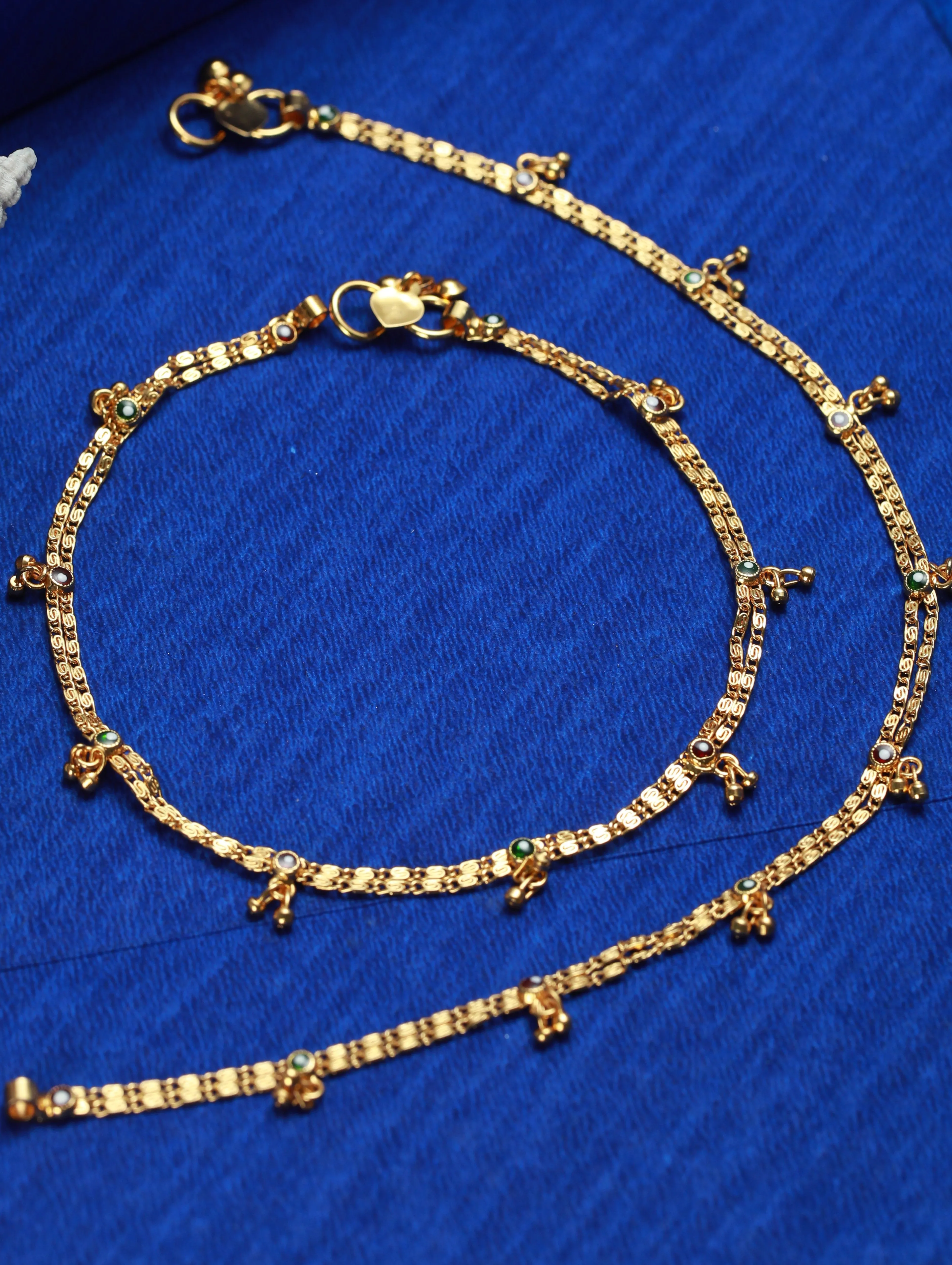 Set Of 2 Gold-Plated Green & Marron Stone Studded Handcrafted Anklets